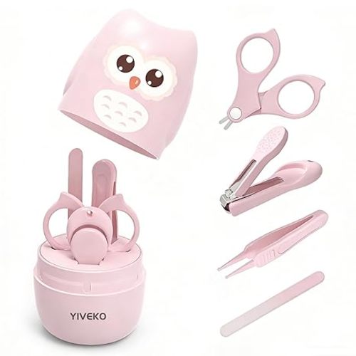 Baby Nail Kit, 4-in-1 Baby Nail Care Set with Cute Case, Baby Nail Clippers, Scissors, Nail File & Tweezers, Baby Manicure Kit and Pedicure kit for Newborn, Infant, Toddler, Kids-Owl Pink