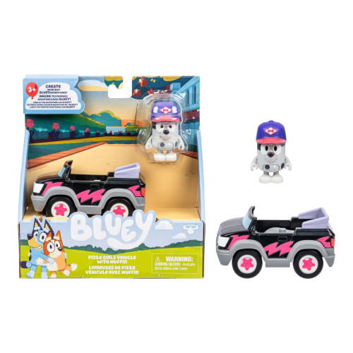 Bluey, Ride Along in Pizza Girls Car with Muffin, Fits One 2.5" Articulated Muffin Figure Inside, Ages 3+