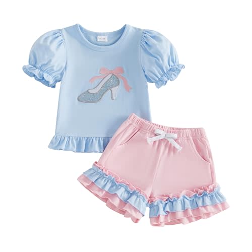 FOCUSNORM Toddler Baby Girl Summer Outfit Princess Car/High Heel Shoes Ruffled Trim Short Sleeve Tops and Shorts 2 Pcs Set