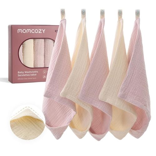Momcozy Baby Washcloths - 4 Layer Design| Medium Thickness| Soft & Absorbent| Premium Cotton for Newborns' Skin-Great for Bathing, Wiping & on-the-go Use, Shower Gift and Essential(5 Pack, 10x10 inch)