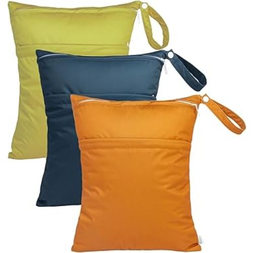 babygoal Wet Dry Bags 3 Pack for Baby Cloth Diapers, Washable Travel Bags, Beach, Pool, Gym Bag for Swimsuits & Wet Clothes with Two Zippered Pockets 3LN29