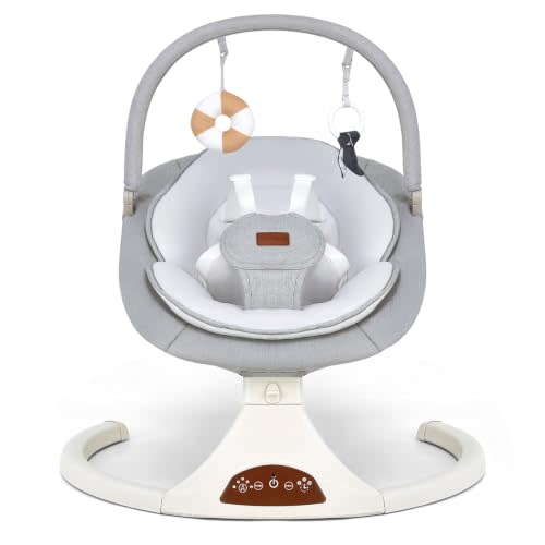 Baby Swings for Infants to Toddler Remote 5 Speeds Timer Safety Lock Gray | 5 point harness, remote/touch panel, auto-off timer, Bluetooth & USB music, dual power options, indoor/outdoor use