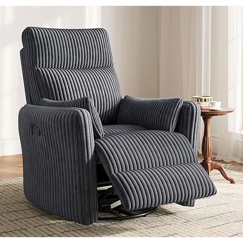 LINSY 360 Swivel Nursery Recliner - Corduroy Glider Rocking Chair with 2 Pillows, Comfy High Back Adult Recliner for Small Spaces, Nursery Bedroom Living Room Reclining Chairs, Grey