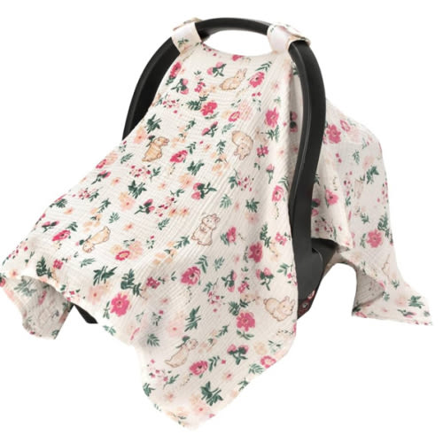 SERAPHY 100% Muslin Cotton Car Seat Covers for Babies, Universal Baby Car Seat Cover, Breathable Muslin Carseat Cover Canopies for Boys and Girls, Soft Infant Car Seat Cover for Summer — Rabbits