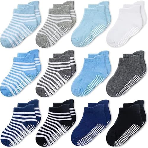 CozyWay Baby & Toddler Socks with Grippers Non Slip Ankle Grip Socks For Boys and Girls - Comfy Soft Cotton - 12 Pack
