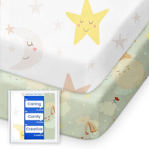 TotBasic Cloud-Like Soft Pack N Play Sheets - Compatible with Graco, 4moms, Dream On Me, Baby Trend and Other 27 X 39/24 X 38 Inch Playard Mattress Pad, Jersey Knit Cotton, 2 Pack (Planet & Moon)