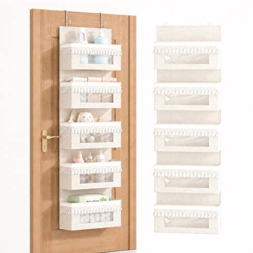 Aokeyee Over The Door Organizer, 5 Tier Boho Door Organizer Hanging with Tassels and Clear Window, 65lb Behind The Door Storage for Baby Nursery, Bedroom, Bathroom