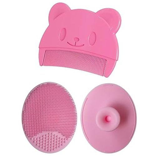 Baby Bath Brush, Baby Cradle Cap Brush, Silicone Massage Brush, Baby Comb, Children's Comb（3pcs） (Pink)