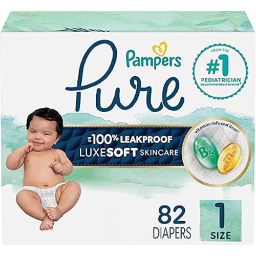 Pampers Pure Protection Baby Diapers, Size 1 (8-14 lbs), 82 Count, Up to 100% Leakproof, Premium Plant-based Skin Protection, Hypoallergenic Soft Diapers