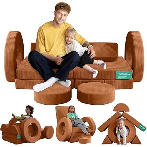 Frolic & Fun 16PCS Kids Couch, Modular Kids Sofa for Playroom, Child Sectional Sofa for Boys & Girls, Brown Toddler Foam Couch for Bedroom, Versatile Foam Fort Building Set