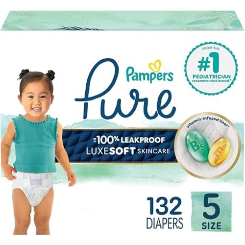 Pampers Pure Baby Diapers, Size 1 (8-14 lbs), 132, Up to 100% Leakproof, Premium Hypoallergenic Soft Diapers
