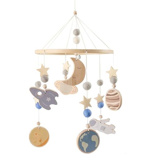 Baby Mobile for Crib, Crib Mobile, 360°Rotated Hanging Baby for, Cute Space Ornaments Wooden Wind Chime Nursery Decor with Spaceship, Planets & Moon, 20X9.5