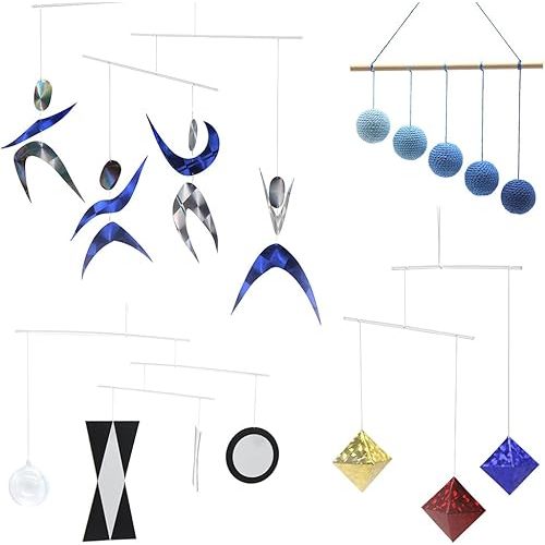 Four Classic Montessori Visual Mobiles, Munari, Octahedron, Gobbi, Dancers, Optional Gobbi Colors, Blue, Green, Pink (4 Mobiles with Blue Gobbi) Montessori Mobile