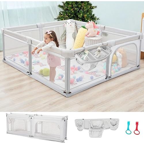Baby Playpen Foldable 79x59 Playpen for Babies and Toddlers, Adjustable Play Pen for Toddlers 1-3 Baby Fence Play Yards for Indoor & Outdoor Gate with Packing Bag, Light Grey