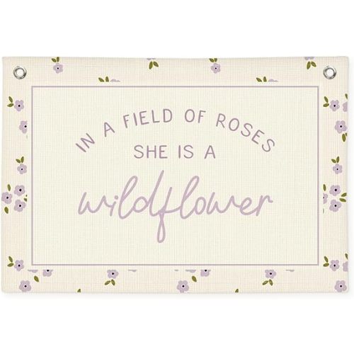 Wildflower Nursery Decor, Girls Room Decor - In a Field Full of Roses She Is a Wildflower Pink Linen Banner Flag for Little Girl Baby Girl - Purple Wildflower