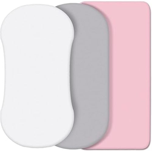 CaSaJa 3 Pack Bassinet Sheet Set, Silky Soft Handfeel with Comfy Napping Surface for Baby Skin, Flexible Fits Various Kinds of Cradle and Bessinet Mattress Up to 15" x 30", White + Light Grey + Pink