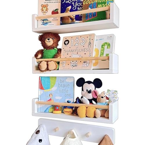 Nursery Floating Shelves with Hook Rack - 16.5 inch, Set of 4 Solid Wood Wall Storage for Books, Toys, Blankets, Clothes - Modern Kids Room, Nursery Decor (Snowy Alpine White)