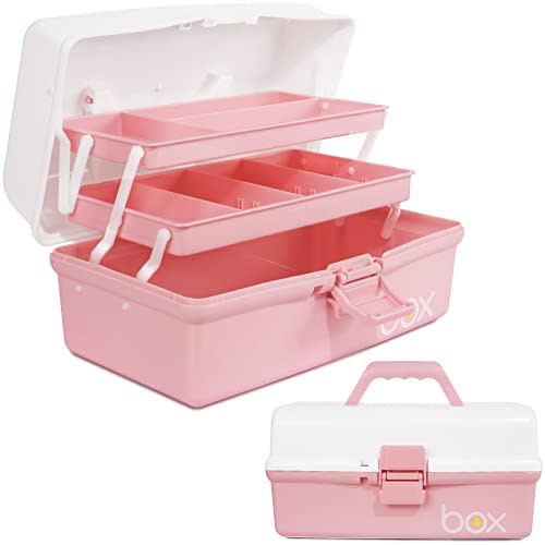TERGOO 12in Three-Layer Multipurpose Storage Box Organizer Folding Tool Box/Art & Crafts Case/Sewing Supplies Organizer/Medicine Box/Family First Aid Box with 2 Trays (White Pink)