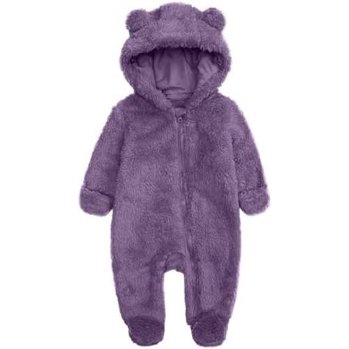 Baby Double-sided Fleece Cute Onesie Hooded Full Zipper Furry Footie with Bear-ear Lovely Solid Winter Warm Bodysuit