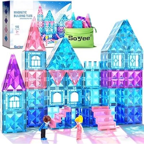 Magnetic Tiles 102pcs with 2 Stairs 2 Dolls Princess Castle Building Girls Toys Age 4-5 6-8 Magnetic Blocks Birthday Xmas Gifts for Girls Toys for 3 4 5 6 7 8+ Year Old