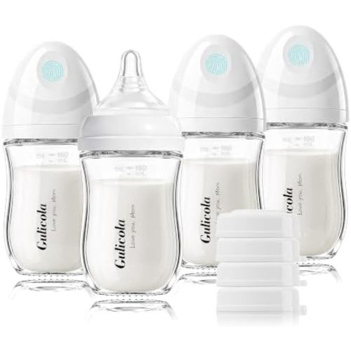 Gulicola Natural Glass Baby Bottle 4 Pack, Newborn Breastfeeding Bottles Set, Extra Slow Flow Nipples (SS), Anti Colic, 0 Months+, 5 oz - White