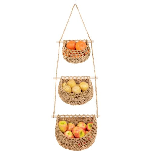 Cotton Hanging Fruit Basket, 3 Tier Woven Wall Basket, Hanging storage baskets for Kitchen and Bathroom, Macrame Wall Hanging, Boho Decor Over The Door Organizer, Brown