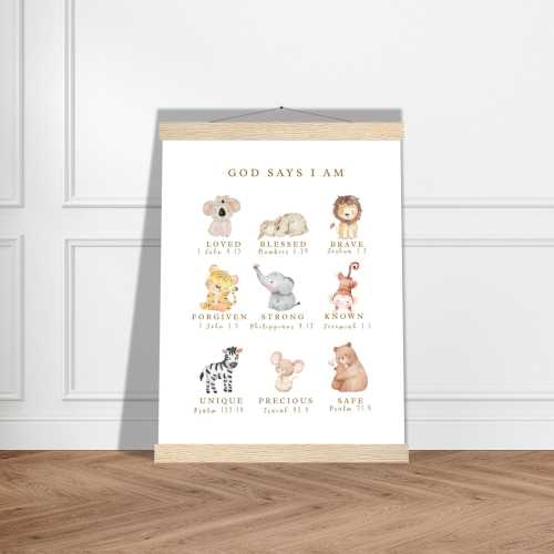 God Says I Am Poster: Watercolor Baby Animal Nursery Decor with Hanger