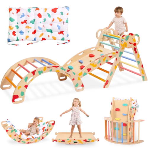 Pikler Triangle Set with Cushion, 8 in 1 Wooden Montessori Climbing Toys, Foldable Indoor Playground Jungle Gym Playsets for Toddler, Baby, Kid