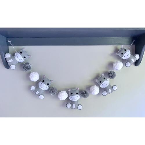 Hippo and Pompom Nursery Garland, Hippo Nursery Wall Decor, Felt Hippo Kids Room Garland, Custom Colors
