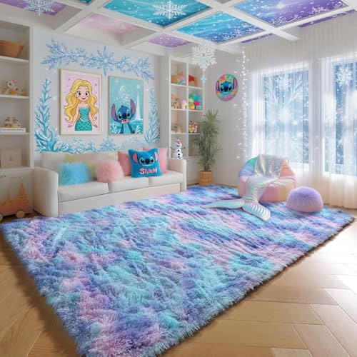 PAGISOFE 8x10 Area Rug, Cute Kawaii Purple Rainbow Rug for Girls Bedroom, Soft Fluffy Shag Rug for Girls Room, Baby, Kids Playroom, Nursery, Classroom, Plush Furry Mermaid Rug, Fuzzy Pastel Carpet