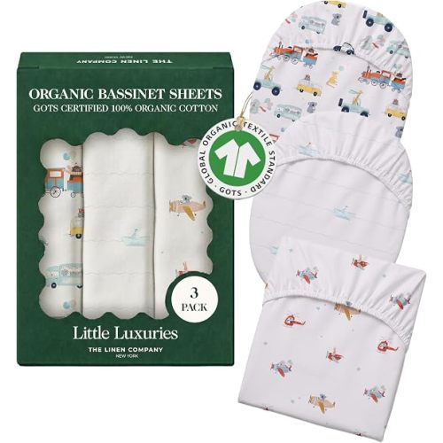 100% Organic Cotton Bassinet Sheets, 30" x 18", Croc Race, 3-Pack | GOTS Certified, Soft Breathable Percale Weave, Universal Fits Standard Oval & Rectangular Mattress - for Boys & Girls