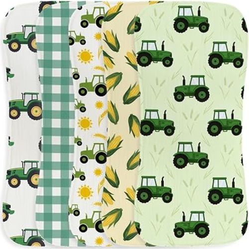 5 Pack Tractor Baby Burp Cloths for Boys Girls, Soft Cotton Large Burp Rags for Newborns, Super Absorbent Spit-Up Cloths, Green Tractor and Corn Farm Theme Design, Nursery Feeding Gift Set