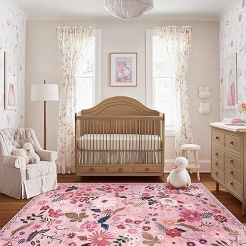 5x7 Area Rug for Nursery Girl Pink Floral Boho Cute Washable Soft Low Pile Non Slip Rugs Vintage Sound Absorbing Stain Resistant Big Carpet Rug for Bedroom Playroom Spring Living Room Dining Room