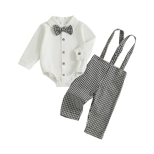 PUHHAPIEY Baby Boy Gentleman Wedding Outfit Dress Romper Suspender Pants | 0 3 6 9 12 18 Month Boy, Long Sleeve Button Bowtie Romper+Suspender Overalls Pants, Baby Boy Formal Dress Outfit for Wedding