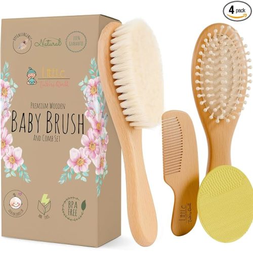 Little Tinkers World Wooden Baby Hair Brush and Comb Set, 4-Piece | Natural Wooden Set with Soft Goat Hair Bristle Brush, Beech Wood Massage Brush, Maple Wood Comb & Soft Silicone Scalp Brush