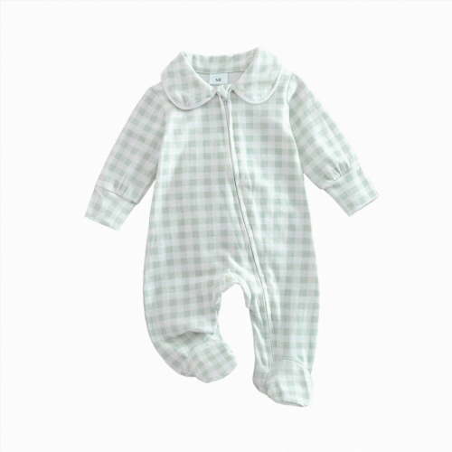 felwors Newborn Baby Boy Girl Gingham Footed Romper Peter Pan Collar Infant Long Sleeve Zipper Jumpsuit Coming Home Outfit (Light Green,0-3 Months)