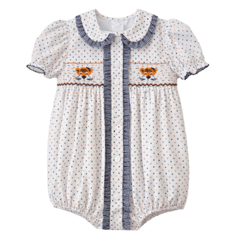 Orange/Navy Bitty Dot Tiger Ruby Smocked Bubble- 9M