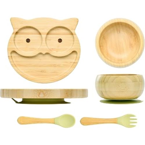 Bamboo Suction Plates Bowls Setfor Baby Toddler Divided Platter Food bowl with Silicone Fork & Spoon All-Natural Baby Feeding Set, Kids Feeding Essentials