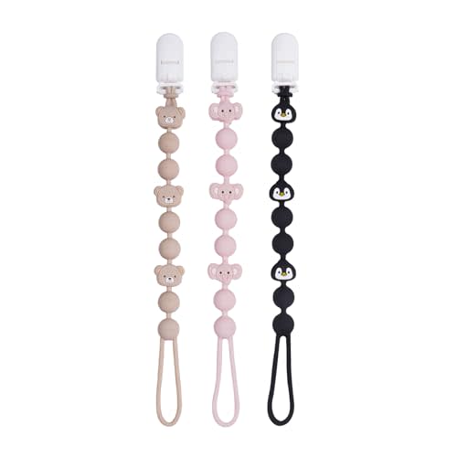 Cute Fruits Silicone Pacifier Clip Holder,Pack of 3,Flexible One Piece Design Paci Leash,Binky Clips for Baby Boys and Girls,Newborn Essential. (Elephant,Penguin,Bear)