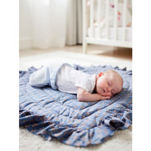 Heart Shaped Baby Play Mat, Vintage Blue Floral Ruffle, Padded Cotton