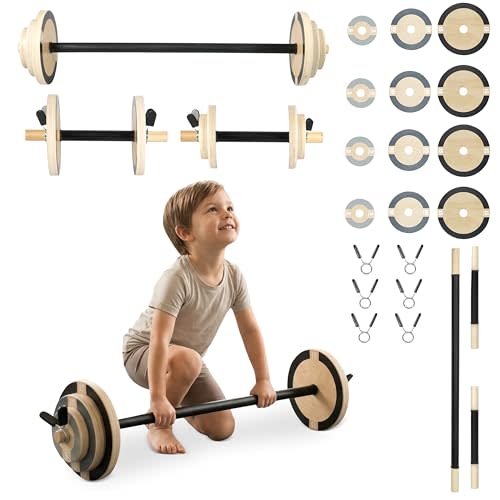Play Platoon Wood Kids Workout Equipment Weight Set for Indoor Toddler Gym, Kid Exercise Equipment Weights Sets for Boys & Girls with Real Barbell Clips
