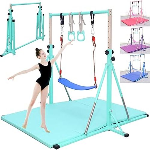 Foldable Gymnastics Bar,5FT Horizontal bar,Adjustable Kids Training bar for Kids Ages 3-15,Kids Gymnastics bar,Triangle Stable Structure-Gym Equipment for Home