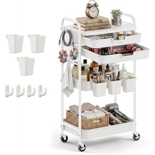 3 Tier Rolling Cart with 2 Drawers, Metal Utility Storage Carts with Wheels