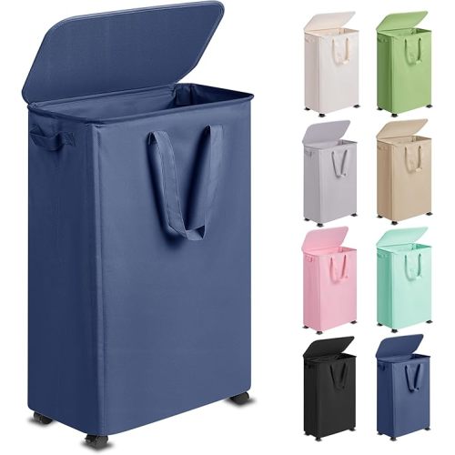 Vincona Slim Laundry Hamper with Lid and Wheels, Small Rolling Laundry Basket with Handle for Small Spaces, Tall Dirty Clothes Hampers for Dorm, Bathroom and Bedroom, 75L, Blue
