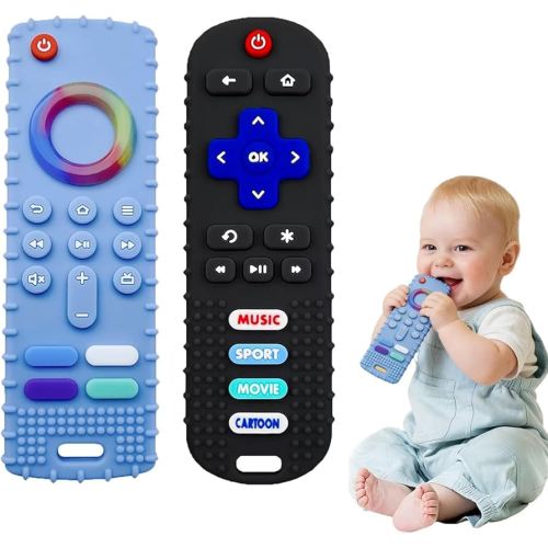 2-Pack Baby Teething Toys-TV Remote Control Shape Silicone Infants Teething Toys for Babies 0-18 Months,BPA-Free (Black+Blue)