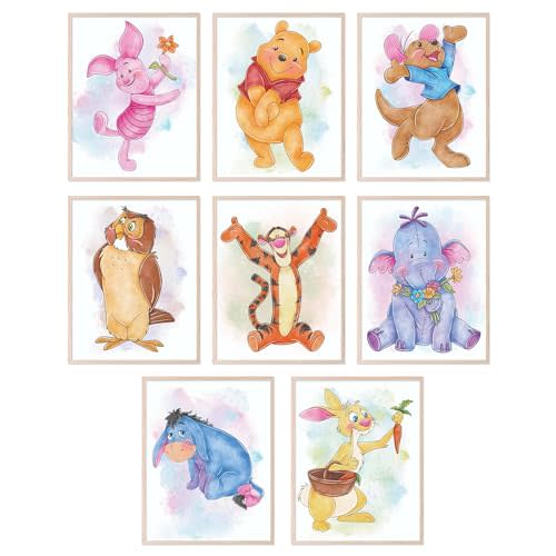 BigWig Prints Winnie the Pooh Nursery Decor - Winnie The Pooh Poster, Baby Shower Decorations, Poo Bear Nursery Decor Wall Art, Piglet, Tigger, Eeyore, Rabbit, Owl, Roo - Set of 8 (8x10) Unframed