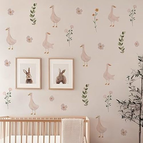 Cute Geese Flora Set of Wall Stickers Peel and Stick PVC Nursery Duck Decal Gift Neutral Animal Easy Removable for Kids Room Classroom