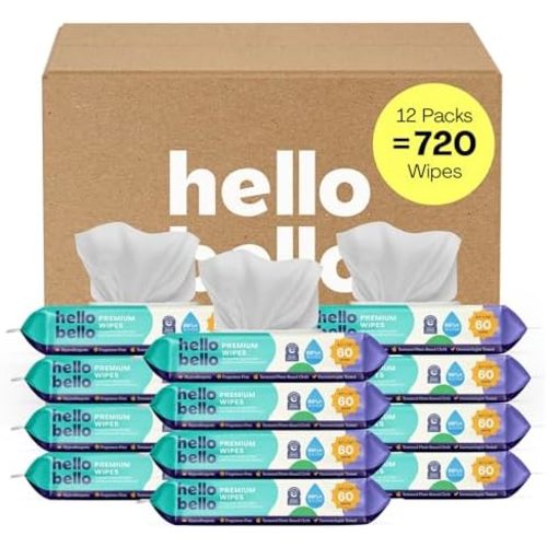 Hello Bello Premium Fragrance-Free Baby Wipes, with Chamomile & Aloe Extracts for Sensitive Skin - 12 Resealable Packs = 720 Total Wipes