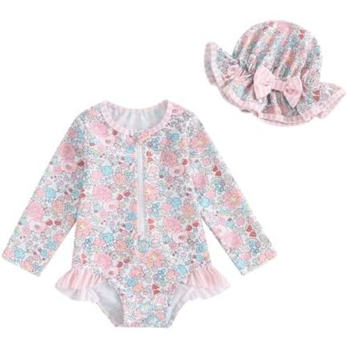 Baby Girl Rash Guard Swimsuit Floral One Piece Bathing Suit Infant Zipper Swimwear + Hat Sun Protection Beach Wear