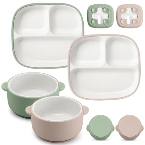 4 Pcs Square Porcelain Kid Suction Plate and Bowl,Green, Beige | 2 Ceramic Toddler Divided Plate and 2 Baby Anti Slip Silicone Sleeve Bowl, Feeding Supplies, Microwave Dishwasher Safe